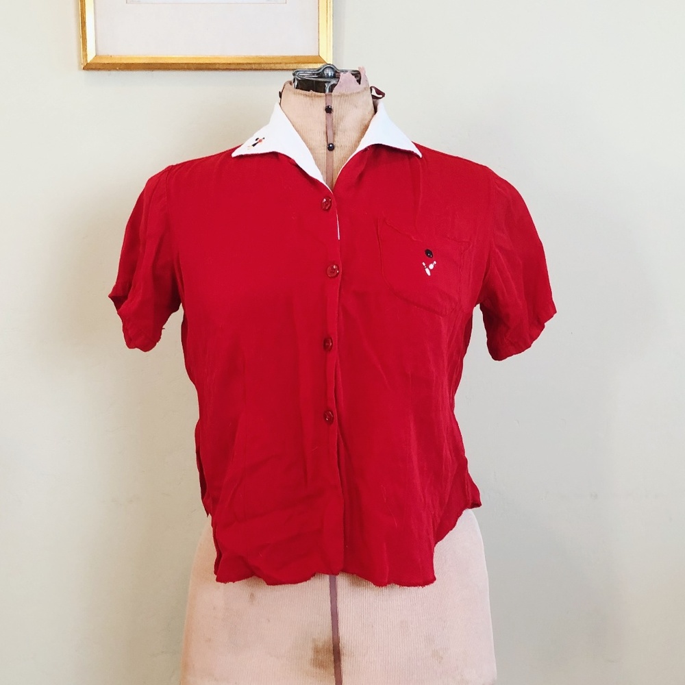 Vintage Red Bowler Shirt with Embroidery